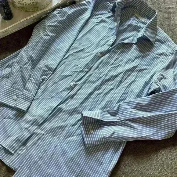 Michael Kors Blue & White Striped Long Sleeve Collar Button Up Shirt - Picture 1 of 7